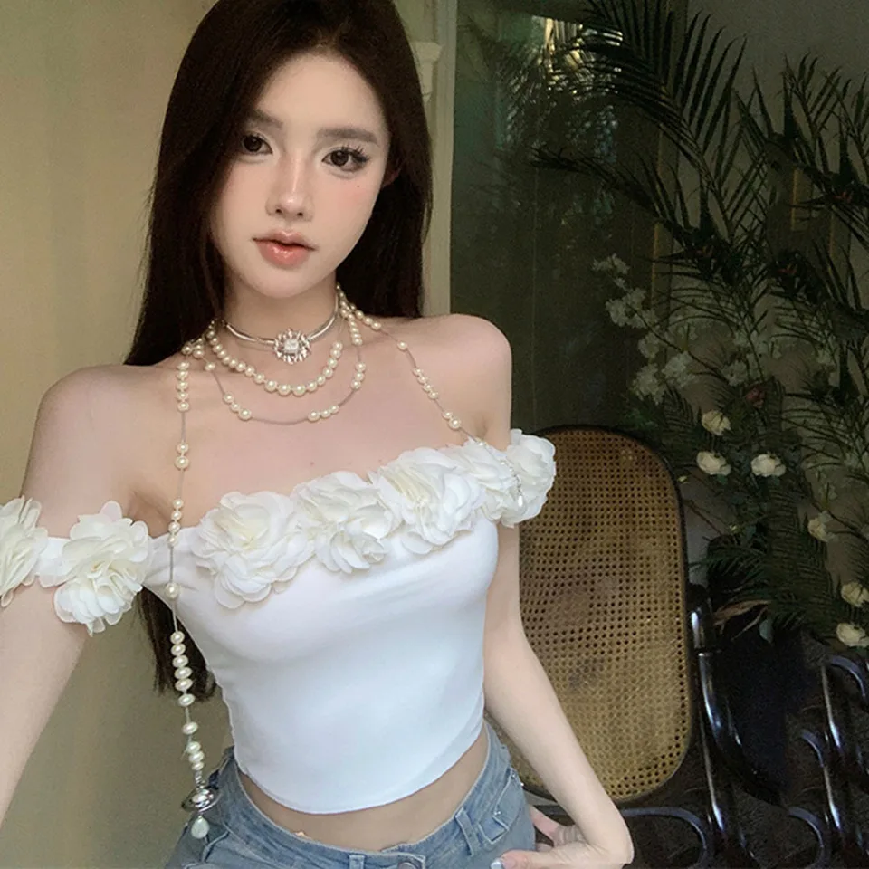 Sexy camis žien plodiny tops y2k kórejský štýl ins dovolenka leto estetické 3D kvetina Pattwork móda hotweet girls