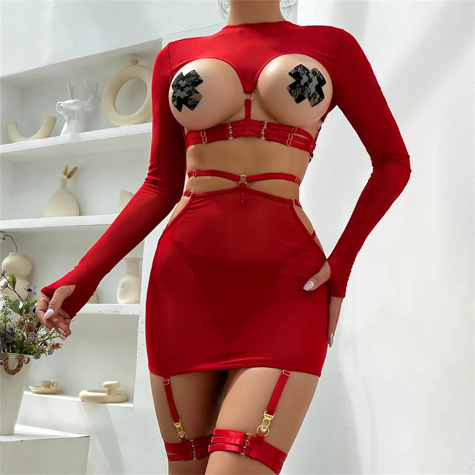 Sexy dutá remienok Dizajn osobnosť dlhé rukávy s nohami prsteň dámsky sexy kvety čipky podprsenka G-string erotická spodná bielizeň