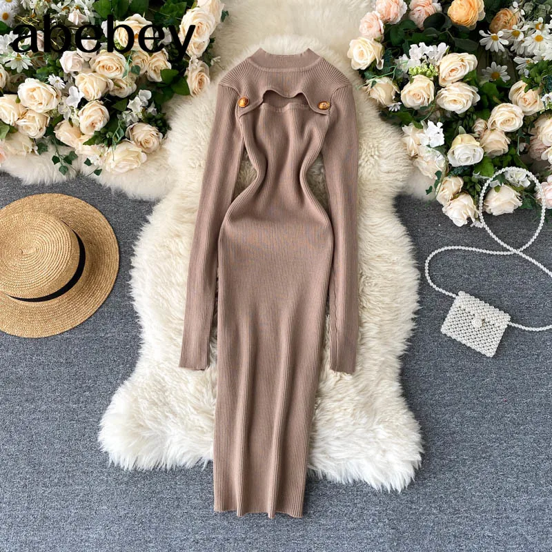 Sexy duté pletené šaty Ženy Kórejský dlhý rukáv Warm Wittwear Sweater Drees Elegantné vintage šaty