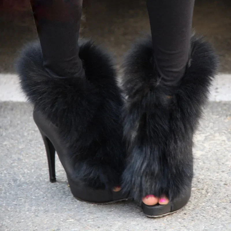 Sexy dámy peep toe the the real fox kožušina zabalené členkové topánky Platforma tenké vysoké podpätky kožušinové topánky Dámske dámske dráhy krátke bottíny