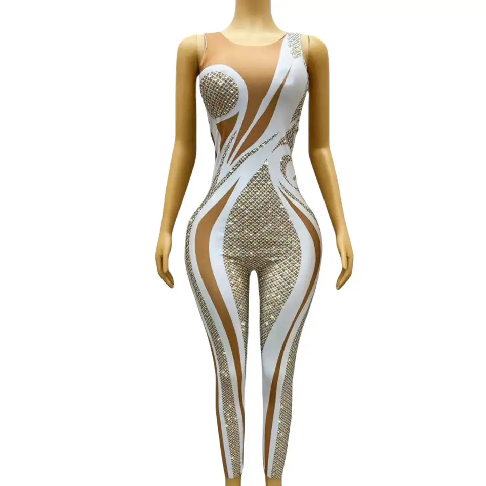 Sexy elastické pančuchy hrajú na striptéri outfity exotické tanečné oblečenie nočné klub kamienok Rodinestone BodySuits Ladies Rompers One Piece kombinéza