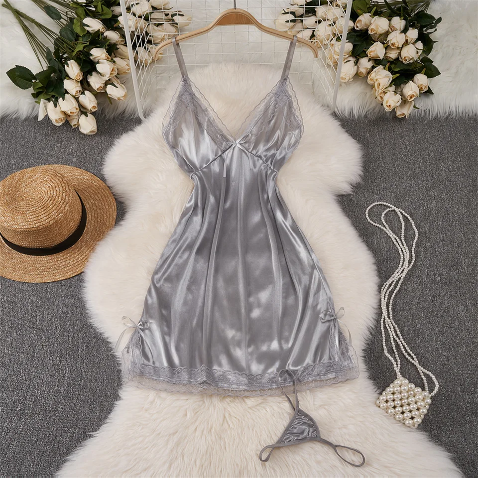 Sexy elegantné dámske remienky na remienok Solid-Lace Patchwork Slim Sleeping Dress V-krk luk A-line Príležitostné šaty erotické spodné prádlo pyžama
