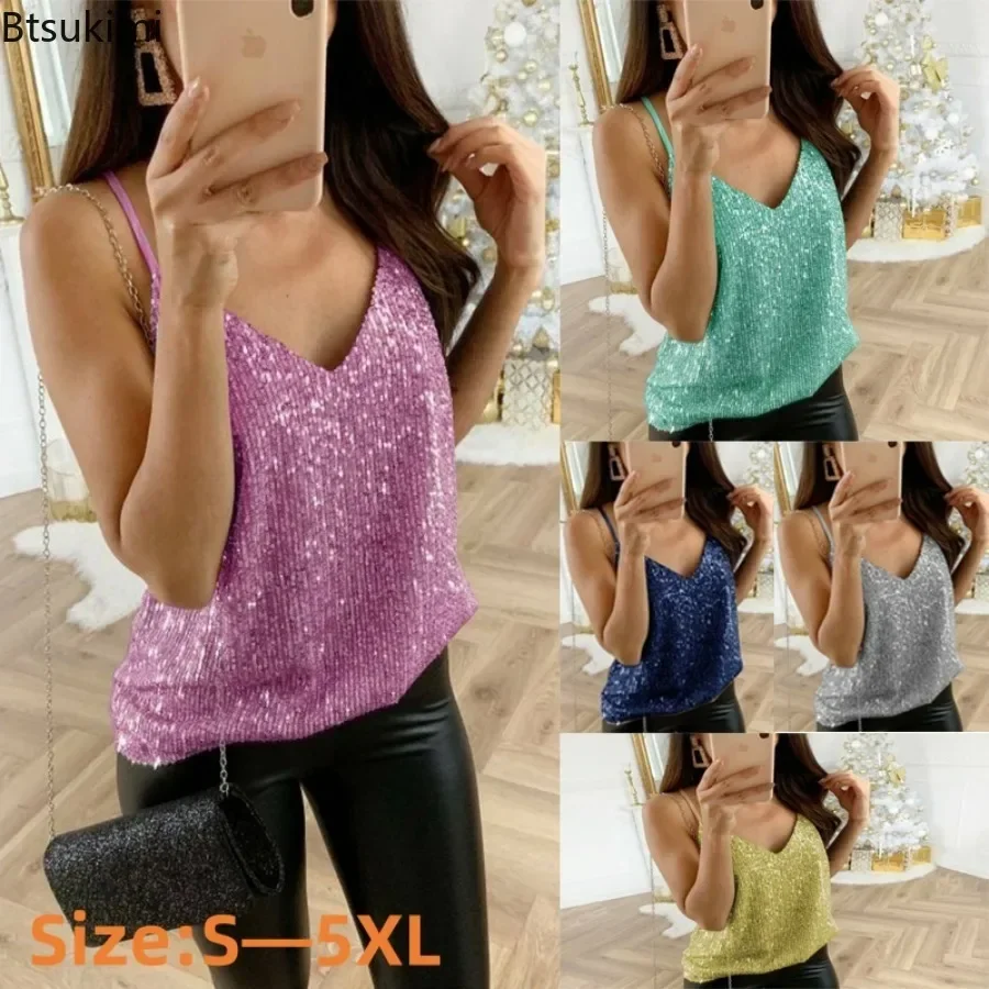 Sexy Flitre 2025Women's Sexy Vests Glitter Strapy Tank Tops Tops bez rukávov špagety špagety lesklé klubové oblečenie V-krk letné letné vrcholy 5xl 5xl