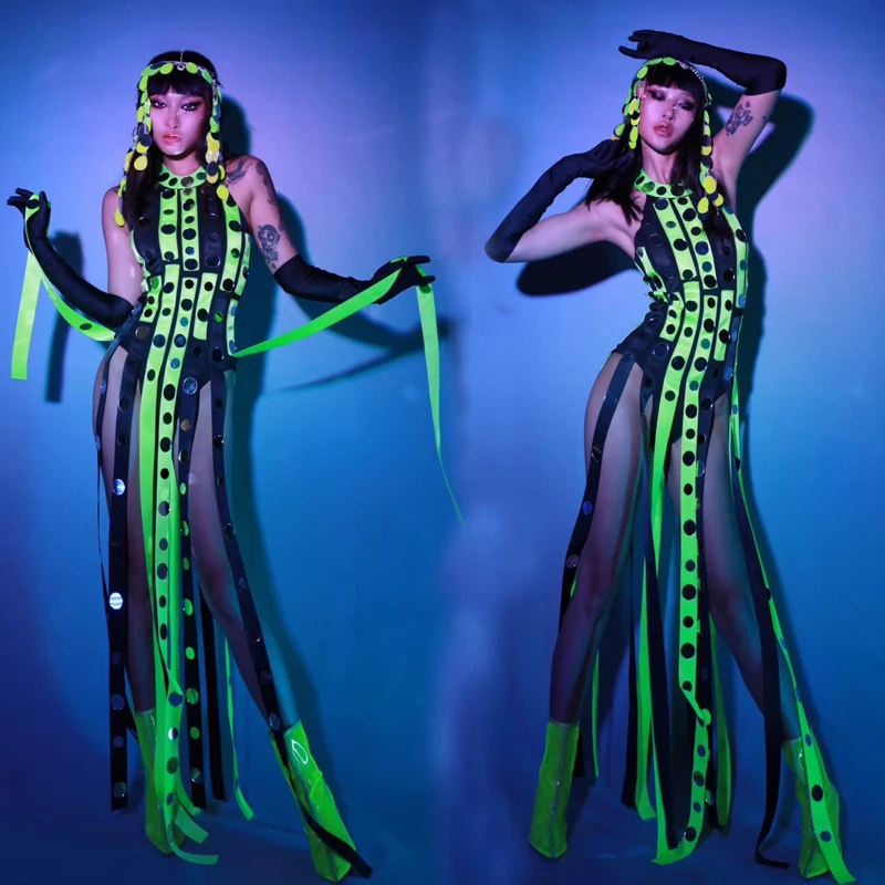 Sexy gogo tanečník kostým Fluorescenčné zrkadlá Fringed Base Dress Dames Dance outfit DJ DS Stage vystúpi