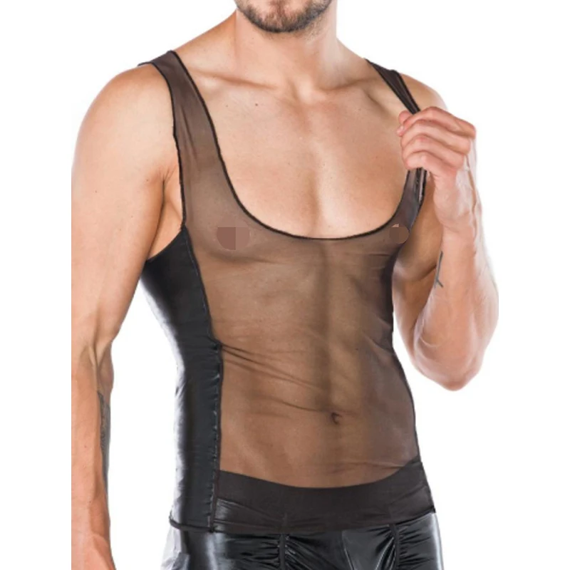 Sexy gotické muži Tops Tops Tops Slesk faux kožené kožené gay fetiš bez rukávov pánske vtipné exotické fitnes priehľadné vesty Clubwear xxl
