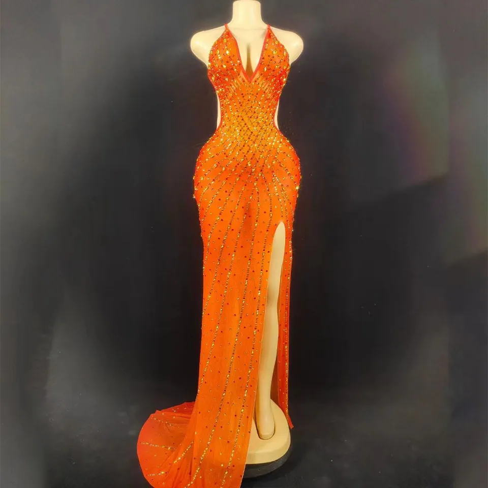 Sexy iskrivý kamienok s halterom sieťoviny Transparentné šaty narodeniny oslavujte večerné šaty Ženy Sexy split backless pódium Dres