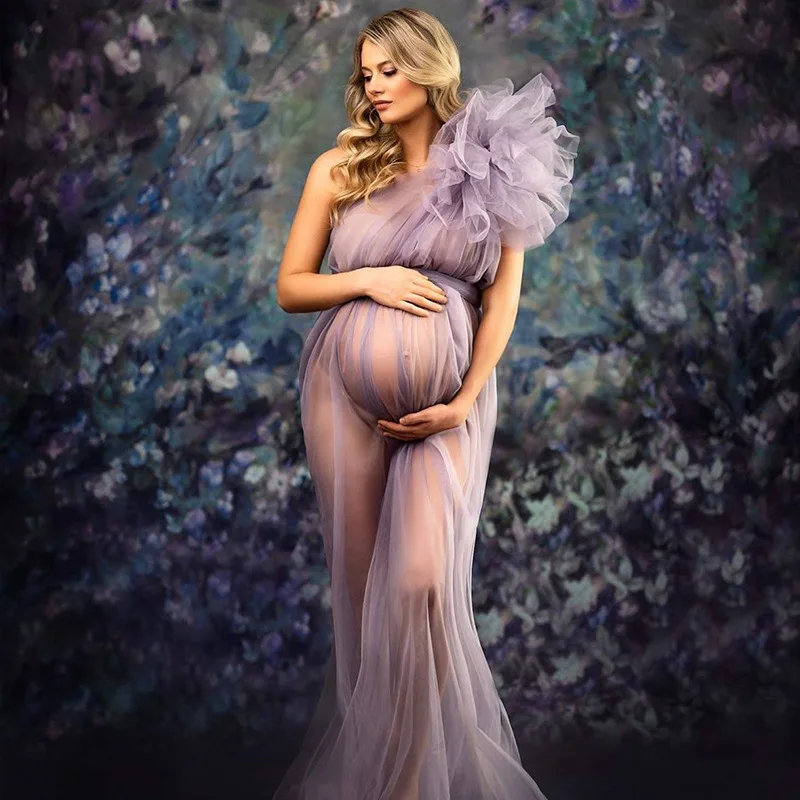 Sexy jedno rameno materské ženy Photography rekvizity šaty Prema Solid Tulle Mesh maxi bábätko šaty pre tehotenstvo