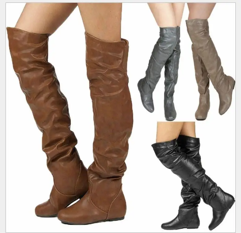 Sexy klasické ženy dlhé topánky Ploché päty topánky Ženy Zimné teplé koleno High Boots Fashion Čierne topánky Ženské obuvné topánky