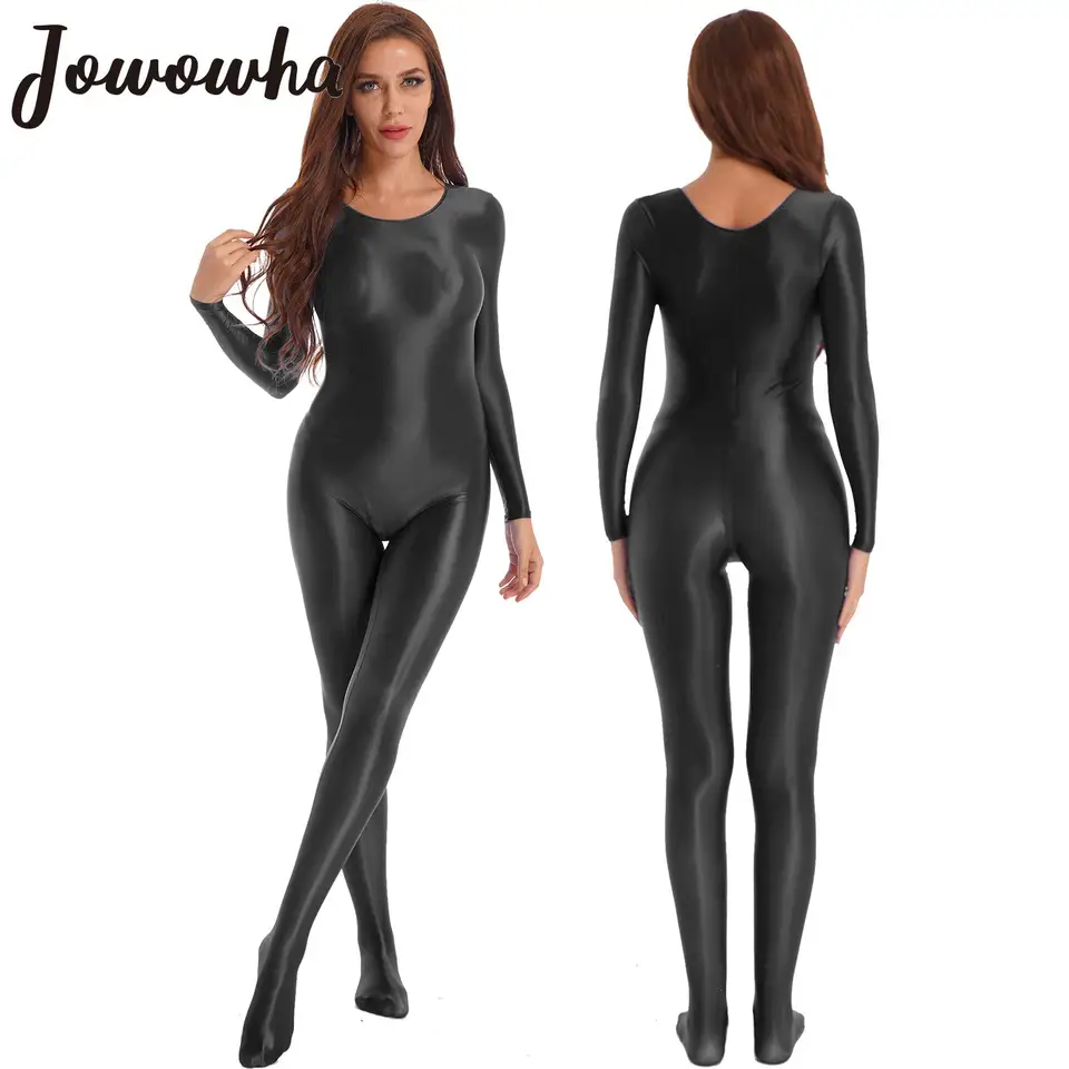 Sexy kombinézy Ženy celé telo s dlhým rukávom s dlhým rukávom Clubwear Clubwear High Elastic Bodysuits Vidieť cez hodvábne lesklé lesklé lesklé lesklý
