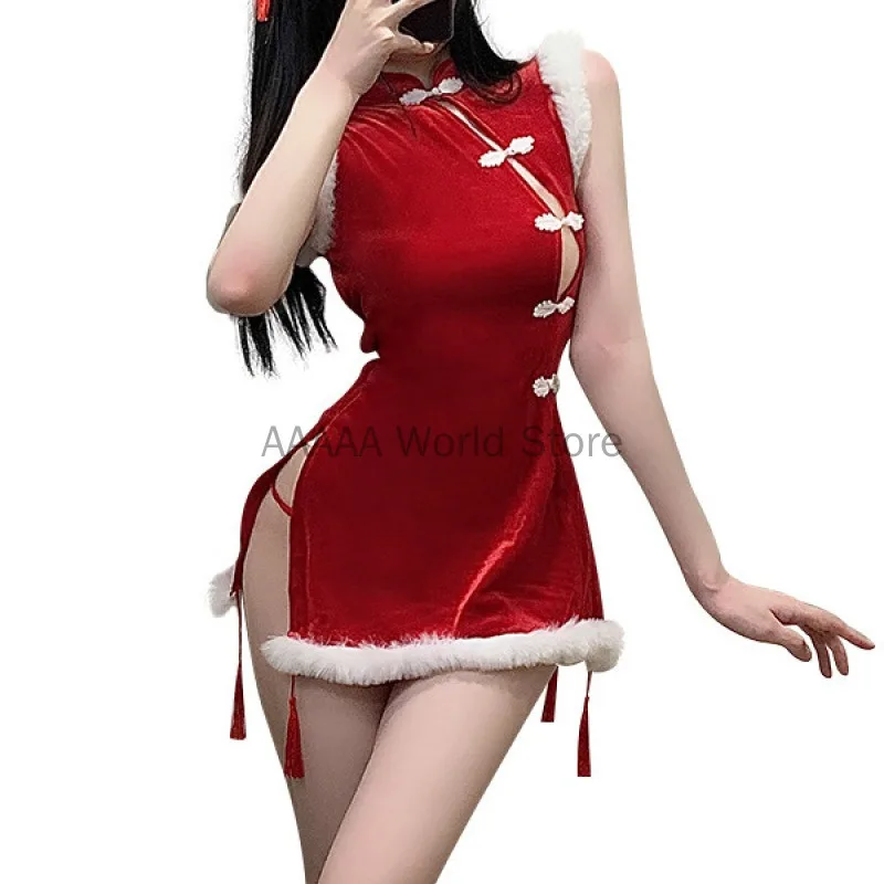 Sexy kostým žena cosplay červená vianočná uniforma Sexy mini šaty dutina out cross popruh motýlika cheongsam