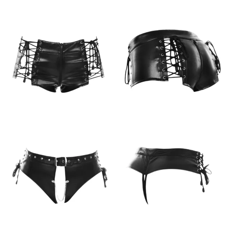 Sexy kožená otvorená reťazová retiazka nohavičky s fetišom s nízkym pásom Bondage Knickers for Women Cosplay Games Flirting erotické sexuálne hračky