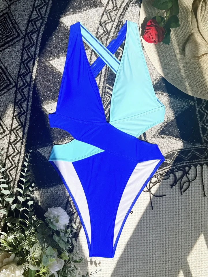 Sexy krížové farebné bloky plavky jeden kus hlbokého V krku Kodysuits plavky Ženy plavky plavky