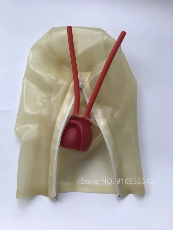Sexy latexová maska ​​fetišovej kapucne s zubami roubík a nosné dlhé trubice zadné zips zatvorené ústa
