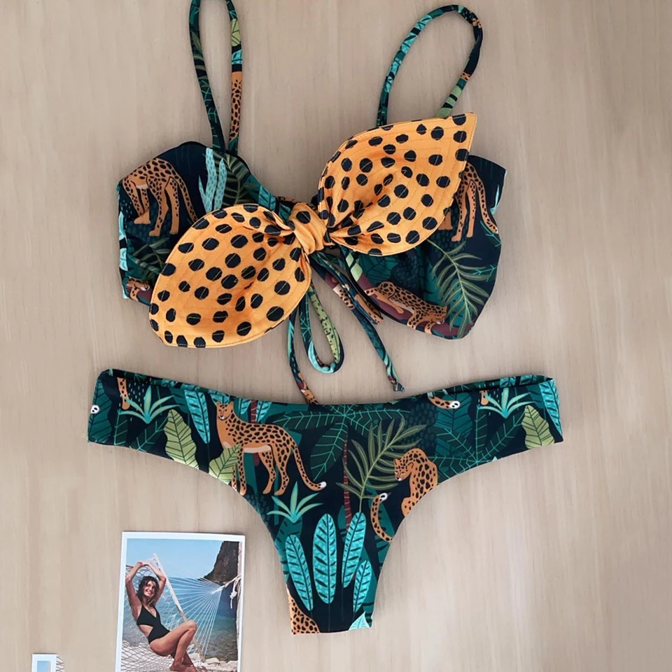 Sexy leopard a listy tlače bikiny súpravy Ženy plavky do plaviek dot luk Biquini set s nízkym pásom brazílsky plavky, plážové oblečenie, plážové oblečenie Žena