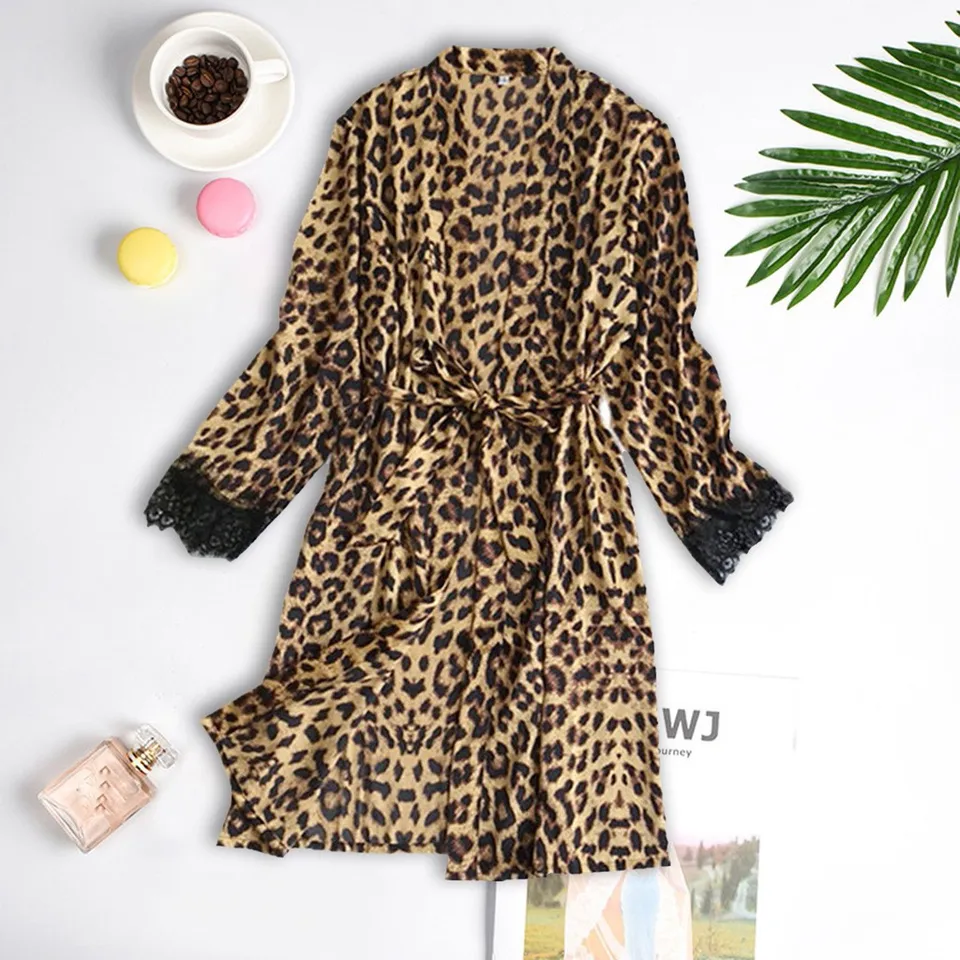 Sexy leopardové ženy Nightdress Lingerie Robes Satin Silk pyžamy spodná bielizeň spánok