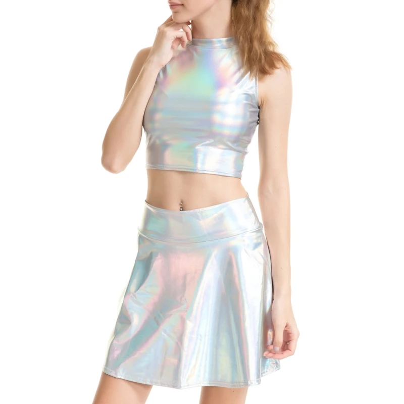 Sexy lesklé ženy Holografický rolák rolák bez rukávov Tank Top kovový mokrý vzhľad A-line mini sukňa 2-kusové scéna Rave Festival Wear