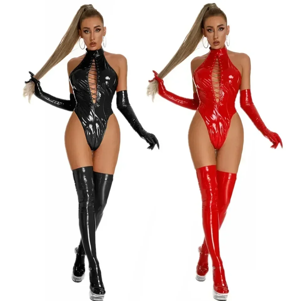 Sexy lesklý latexový catsuit s ponožkami Rukavice kožené kombinézy pre ženu Dance Erotica erotický zips Open Crotch Trojota