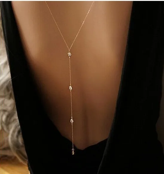 Sexy letné ženy s dlhým náhrdelníkom reťaz tela holé zadné zlato kryštál prívesok Náhrdelník plážové tela šperky svadobné šaty