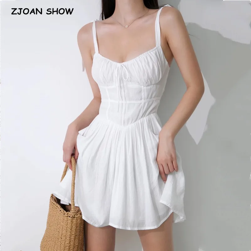 Sexy maslivá biela podprsenka korzet v štýle špagety špagety mini šaty dámske šnurovanie večierkových korčuliarov Krátke šaty Sling Robe Vestido