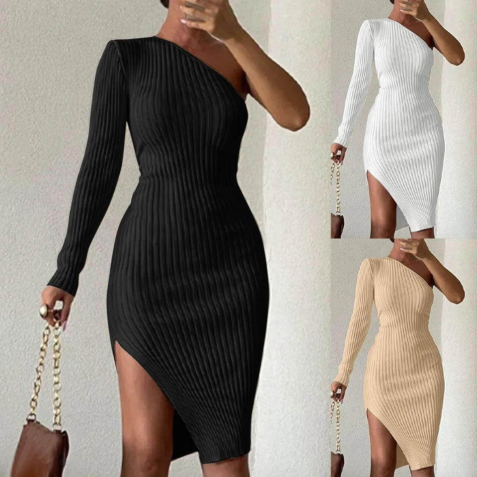 Sexy midi šaty pre ženy s dlhým rukávom s jedným ramenom telescon elastické bočné štrbiny šaty elegantné jesenné zimné večierky koleno dĺžky šaty