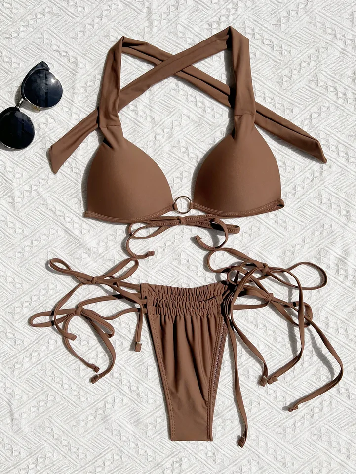 Sexy mikro bikiny set 2024 Dámske káva push Up Bandage Criss Cross Swimsuit Brazílska plážová plavky