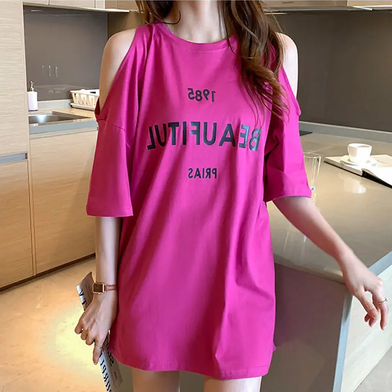 Sexy mimo plece voľné vrcholy Tops leto Nové krátke rukávy listy tlače ulica Príležitostné tričká Móda Kórejské dámske oblečenie