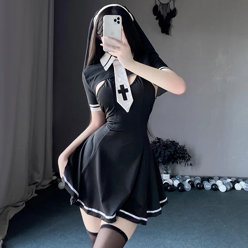 Sexy mníškové kostýmy Ženy Fancy Anime Roleplay Outfits Gothic Maid Uniforma mníškové šaty erotické spodné prádlo Set Halloween Party Oblečenie