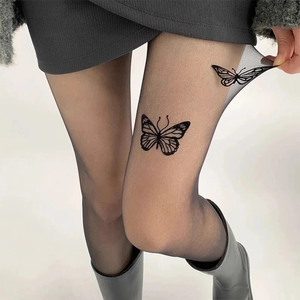 Sexy motýľové pančucháče Vintage y2k falošné tetovanie pančucháče čierne/modré spodné prádlo Hosiery tenké nylonové pančucháče tela ultra tenké pančuchy #