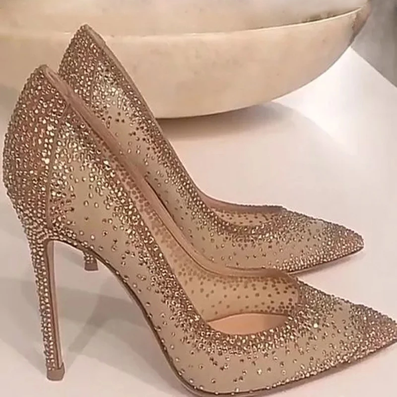 Sexy mriežky kamienok s dlažbami vysoké podpätky topánky šampanské trblietavé podpätky čerpadlá bling bling krištáľové svadobné šaty topánky nevesta