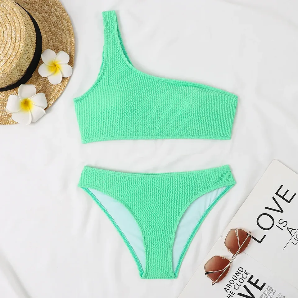 Sexy neónové zelené bikiny 2024 Ženy plavky Ženské plavky Thong Bikinis Set Brazílska plážová plavky na jedno rameno Biquini