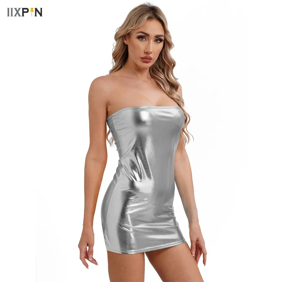 Sexy nočný klub Sliver Dress Women Streetwear kovové kovové lesklé ramienok bez ramienok Mini šaty Bodycon Mini šaty na tanečné párty karnevaly
