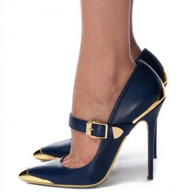 Sexy Overgild Studs Toe členok remienok čerpadlá kovové sponky vysoké podpätky Stiletto 10 cm podpätku námornícke modré svadobné večere dámske topánky