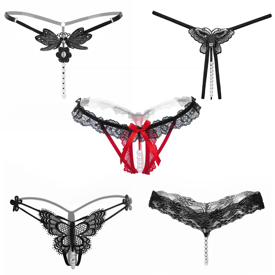 Sexy perlové korálkové nohavice v tvare T Underwear Dámske čipky Lace Dutlow Out Butterfly vyšívané G String Underpants sú otvorené leto nové