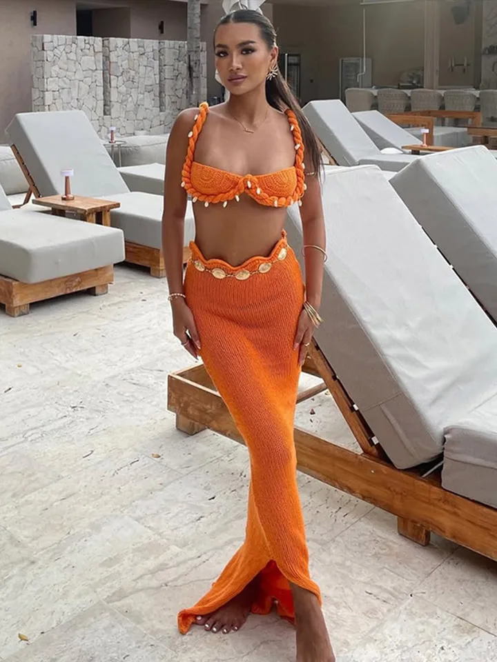 Sexy pletené plážové sukne obleky Ženy Elegantné skrútené patchwork shell podprsenky Top sety ženské 2025 módne elegantné high pas set 2 kusy