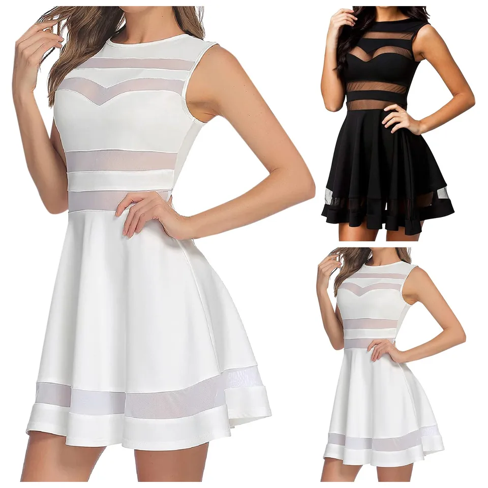 Sexy priehľadná sieťová patchwork Mini šaty Ženy Nočný klub bez rukávov o krku párty šaty bez čiernych bielych šaty plus veľkosť