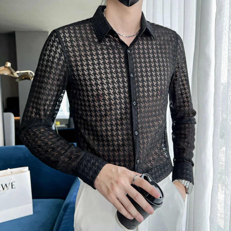 Sexy priehľadné pletivé košele s dlhým rukávom pre mužov pre mužov módne večierok nočné klub Plaid Tlač Slim Fit 4xl pánske šaty košeľa plus veľkosť