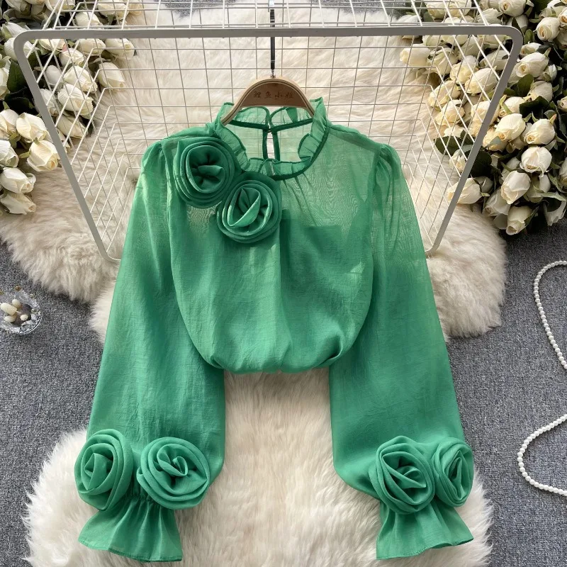Sexy Puff Ruckve s dlhým rukávom O-Neck 3D kvetinová skladaná blúzka štíhla elegantná móda základná elegantná jarná letná leto šifónové tričko