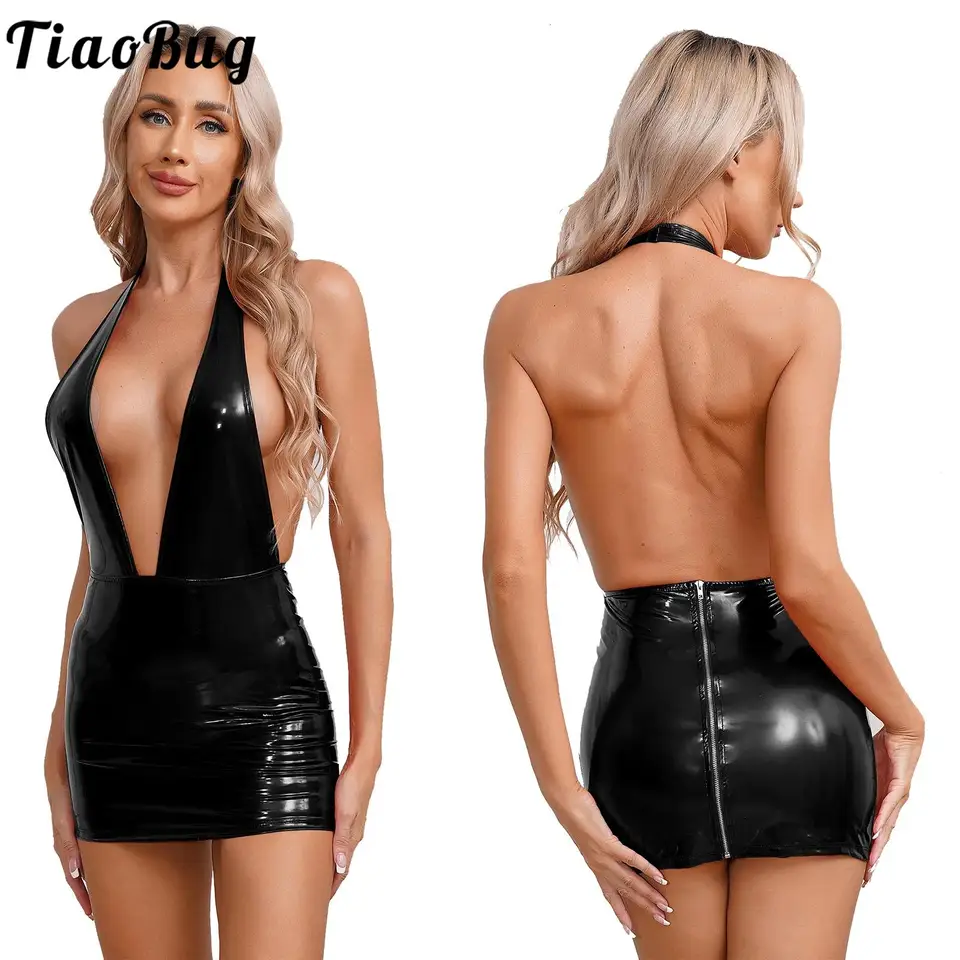 Sexy párty ženy kožené klubové šaty Bodycon Latex Wetlook Rave Dance Costy Hot V Horúce hlboké V krk Mini šaty nočné kluby Nočný klub