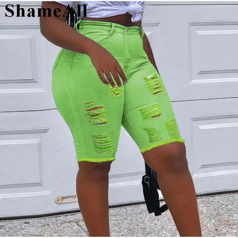 Sexy roztrhané chudé džínsy šortky Fluorescenčné zničené diery natiahnuté legíny Krátke nohavice denim bermudas baggy roztrhané jaggings