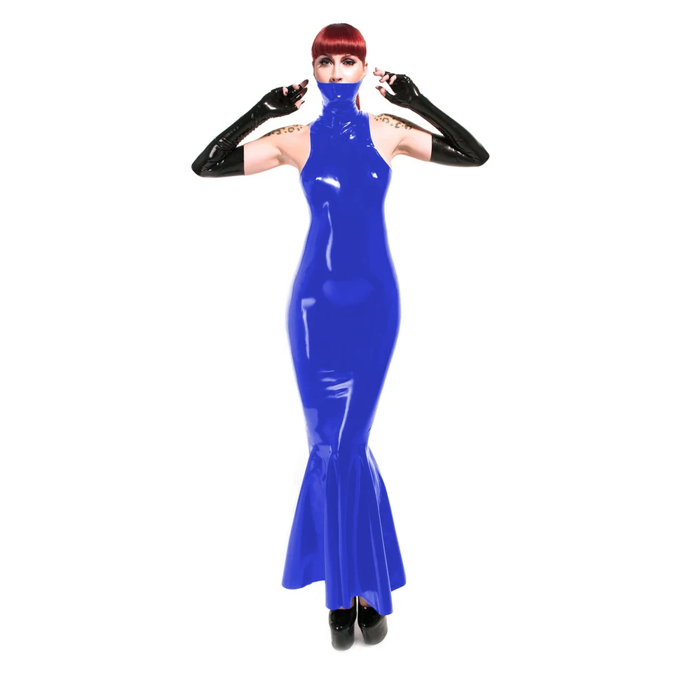 Sexy rukáv bez rukávov lesklá koža maxi rufled šaty letné zipsové zadné telescon dlhé morské panny šaty PVC oblečenie faux latex clubwear