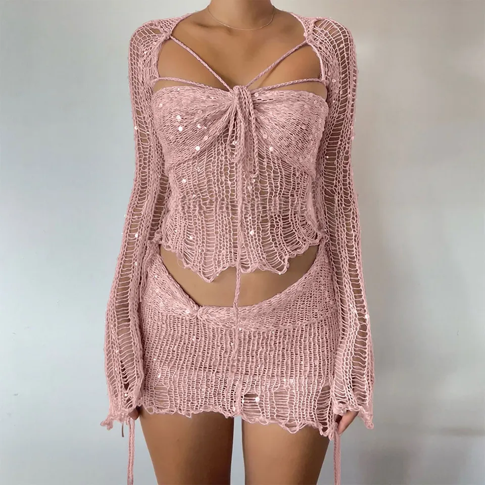 Sexy rybárske dámske sukne sukne letné flitry Dutlow Out Lace Up Topy Topy Tops+Wrap Hip Mini sukňa pláž 2 -kusové sada