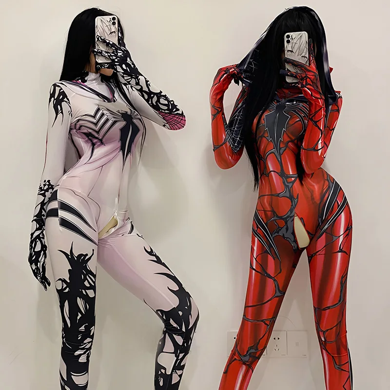 Sexy s kapucňou BodySuit Ženy erotické spodné prádlo zentai otvorené rozkrok kombinézy anime ženské pavúky cosplay kostýmy sex porno oblečenie