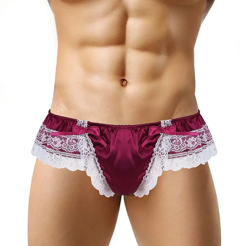 Sexy sissy puzdro nohavičky Men Satin Ruffle Briefs motýliky dizajn Men spodná bielizeň gaywear g-string T-back tangá gay exotické kostýmy