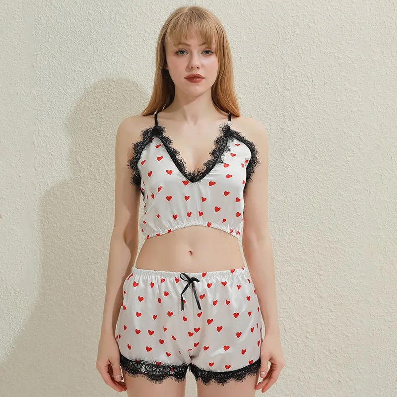 Sexy sladké tlačené podväzky šortky 2ks pyžama sexy spodná bielizeň pre ženy plus veľkosť interiéru tehotné ženy saténové pyžamy