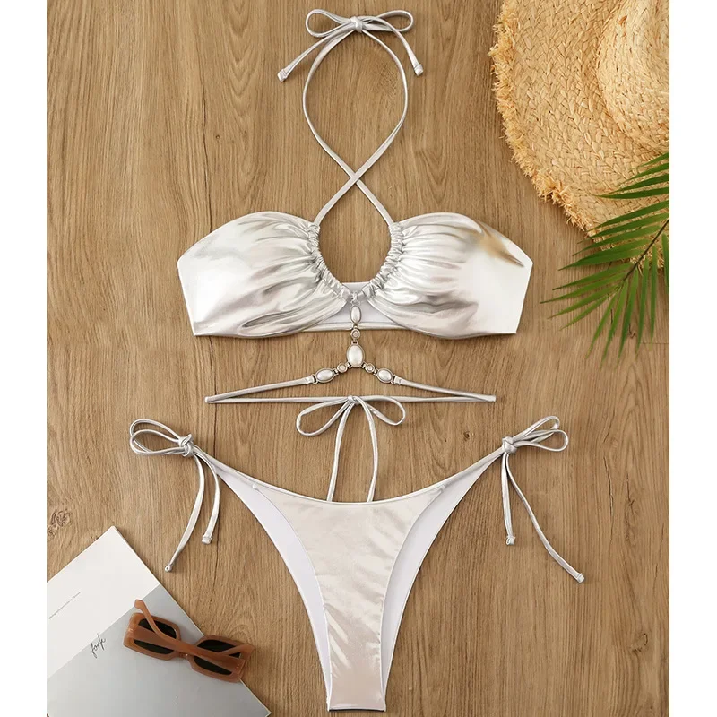 Sexy strieborné mikro bikiny 2025 Ženy plavky plavky plavky Thong Bikinis Set Brazílske plážové oblečenie Bronzing Biquini