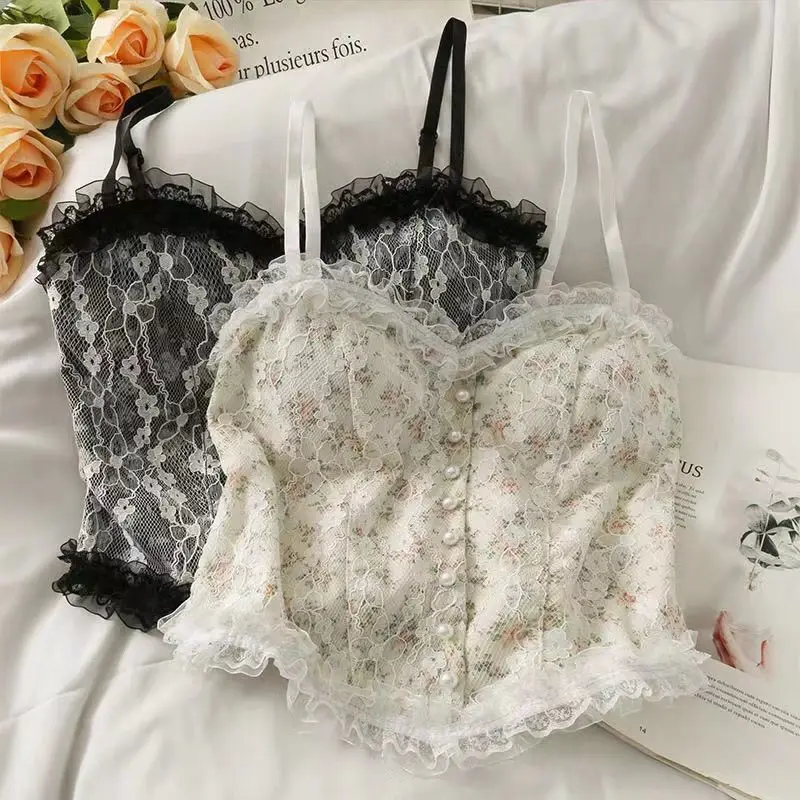 Sexy tank Top -Lace Tlač plodín Halter Topy Dámske letné camis backless camisole módna perlová trubica ženská samica bez rukávov orezaná vesta bez rukávov