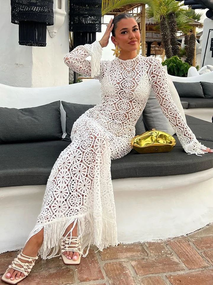 Sexy Tassel Hallow Out midi šaty Ženy Mastné s dlhým rukávom O-krk Holiday Slim Dresses Female 2024 letné módne háčkovanie rúcho