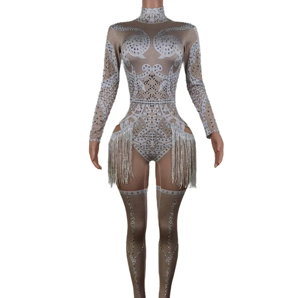Sexy Tassel Shinestone Biela kombinéza pre ženy outfit Nightclub Birthday Costy Rave Stage Dance Wear