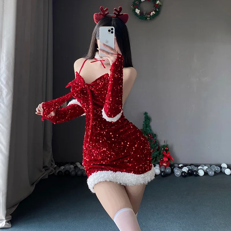 Sexy telescon ženy Vianoce sexy dáma Santa Claus Cosplay kostým sexy spodné prádlo Zimné červené šaty Novoročné šaty