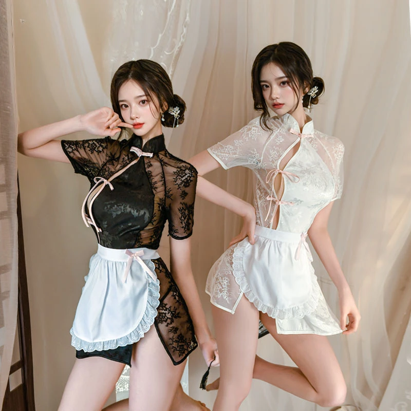 Sexy tradičné čínske šaty Qipao Erotické spodné prádlo čipky cheongsam sukňa scéna pyžamy dámske sexuálne kostýmy čierna biela